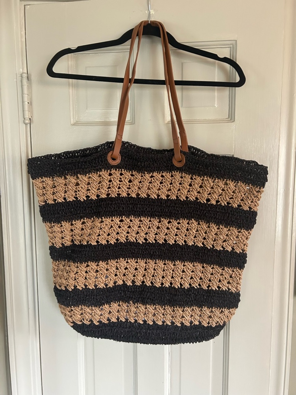 Paper Raffia striped large tote with leather attachable wallet black & tan New